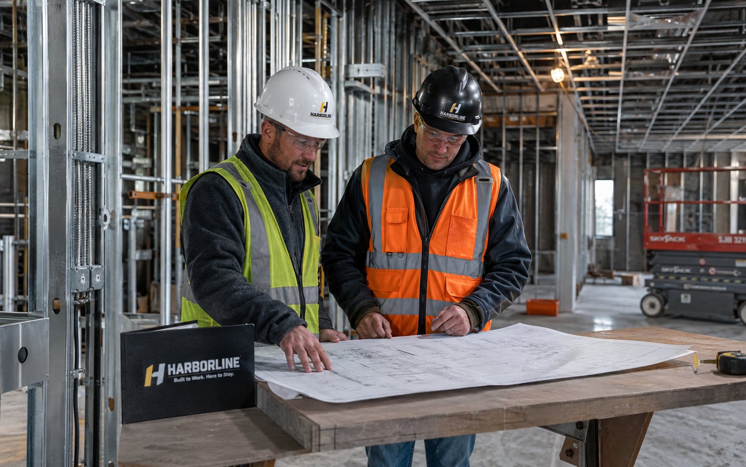 A Harborline advisor and a contractor reviewing the same drawing set together on a commercial jobsite, metal stud framing behind them
