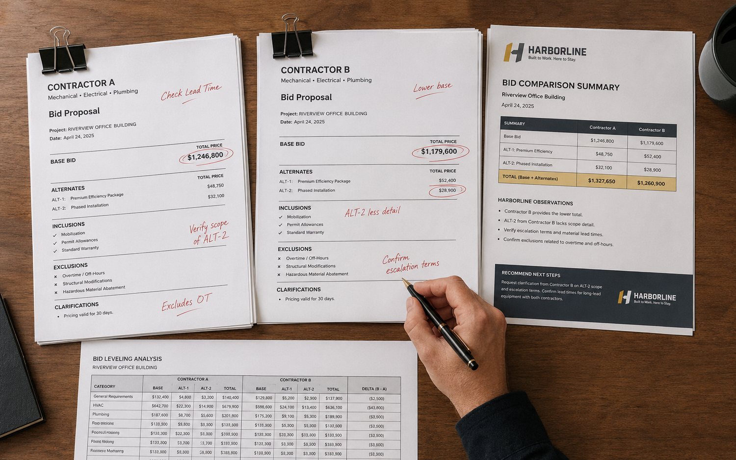 Two contractor bid proposals marked up side by side next to a Harborline bid comparison summary and a line-by-line leveling analysis