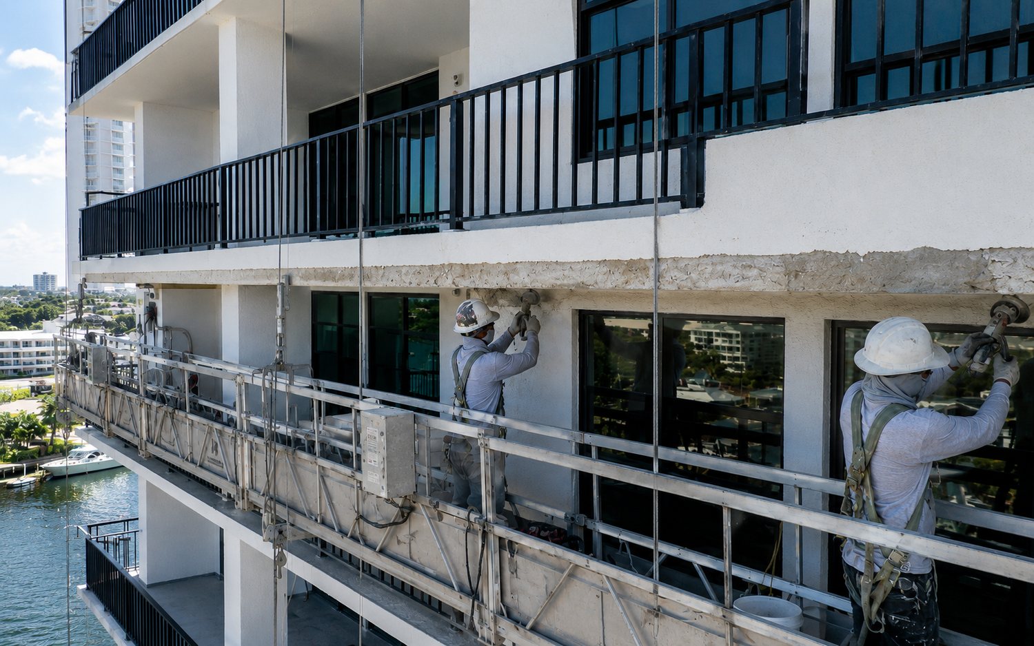 Crews on a suspended swing stage performing concrete restoration along a balcony edge of an occupied waterfront condominium tower