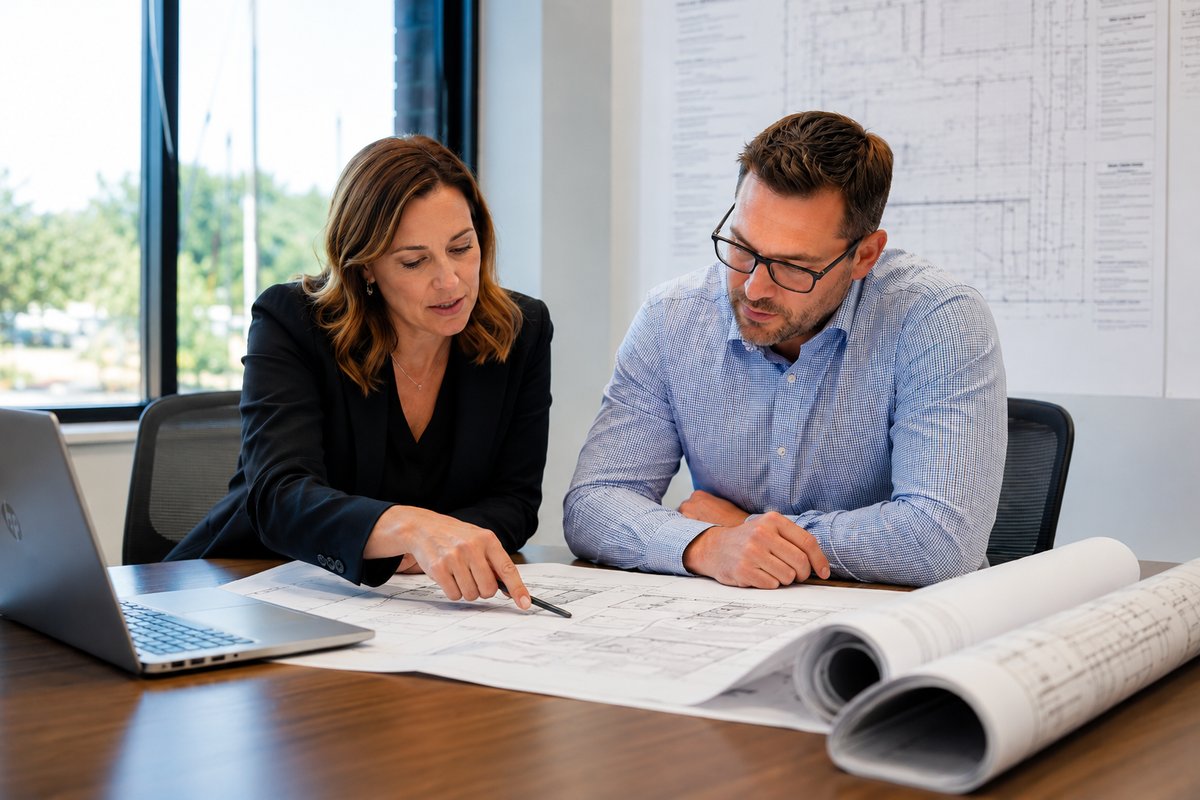 Construction drawings under review during an owner-side project meeting