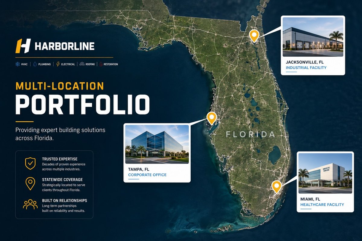 Map of Harborline-managed locations across Florida including Tampa, Jacksonville, and Miami