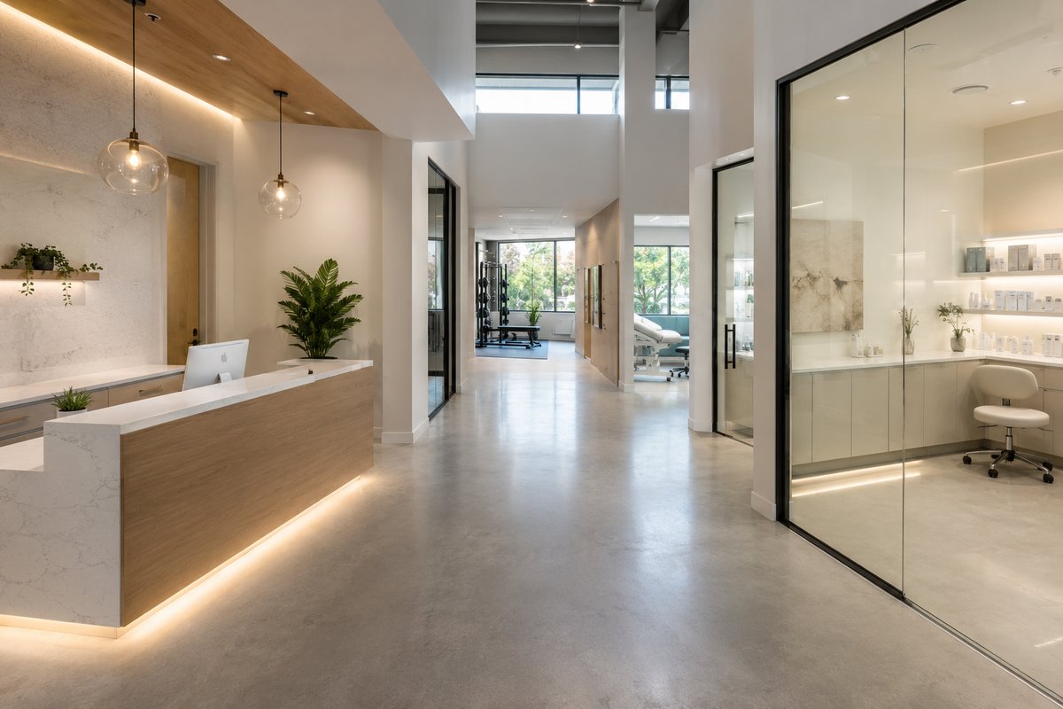 Finished med spa reception and treatment area, an example of the multi-site service locations Harborline supports