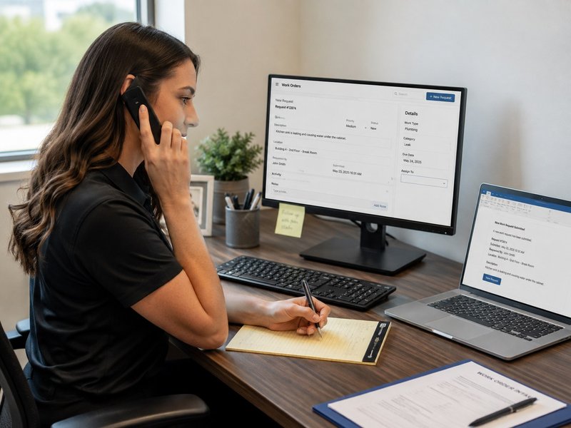 Harborline intake coordinator logging a work order request by phone