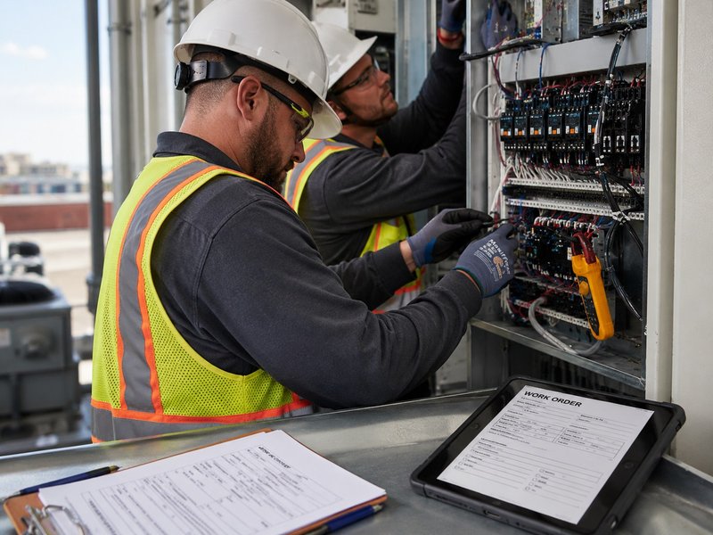 Electrical vendor performing work with the logged work order visible on a tablet at the job site