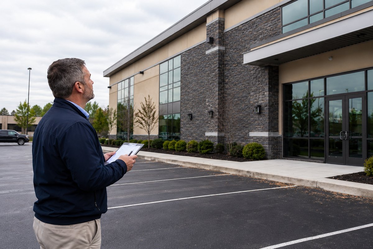 Property owner walking a commercial building exterior with a condition assessment checklist