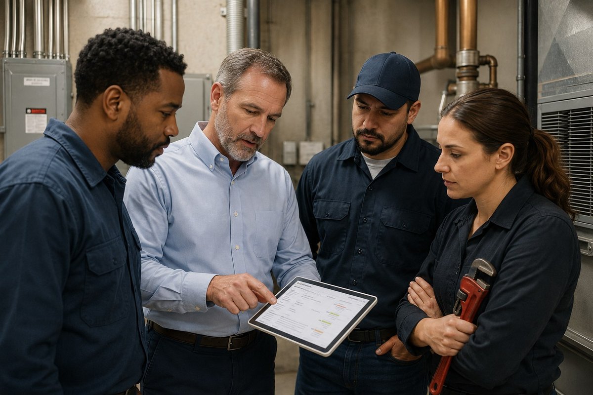 Harborline coordinator reviewing vendor performance data with a trade crew on site