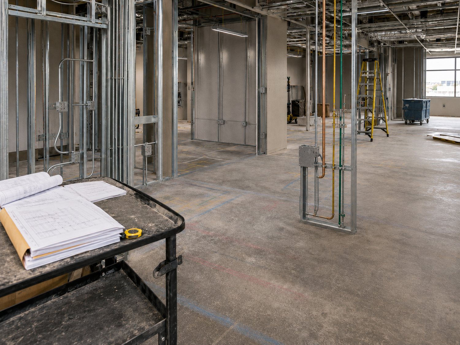 Medical suite under construction with metal stud partitions and medical gas and plumbing rough-in stubbed at the wall, drawings open on a work cart