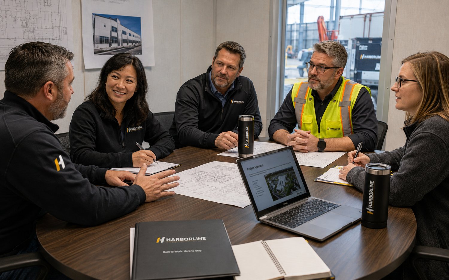 Harborline team and client representatives reviewing drawings and a project approach together in a jobsite office