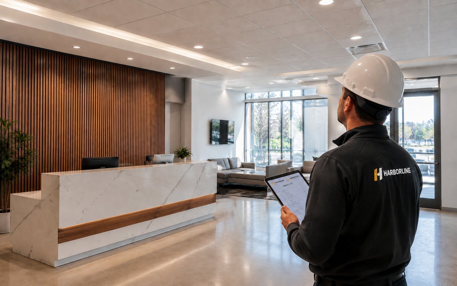 Harborline representative walking a completed commercial lobby with a punch list on a tablet before turnover
