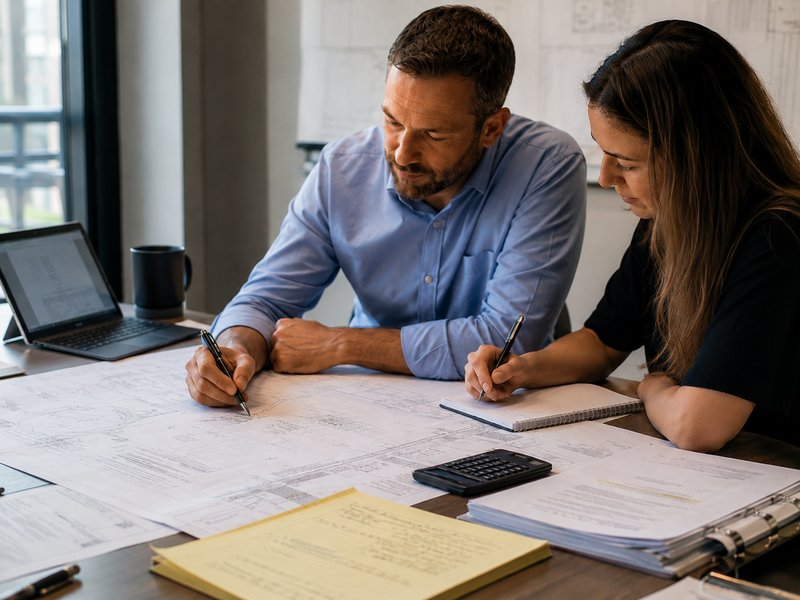 Harborline advisor and client writing project scope on drawings with a calculator, before any bids go out